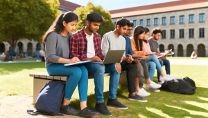 Student:innen, die auf einer Bank lernen.